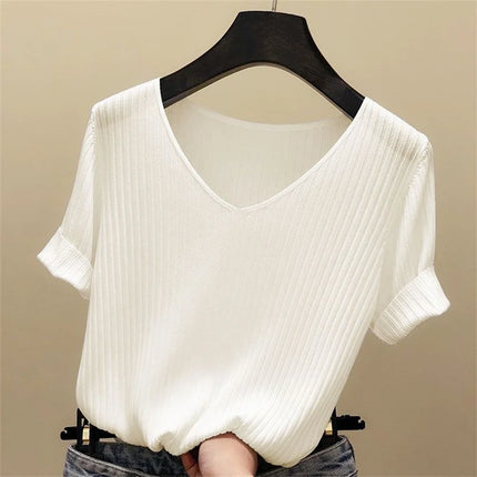 2025 Summer Blouse Women Blusas Mujer De Moda Verano Short Sleeve Blouse V-Neck Knitted Blouse Shirt Tops Women Blusas