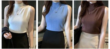 Knitted Summer Turtleneck Tank Tops Women Camisole Sleeveless Slim Top Female Ribbed Vest Casual Solid Camis