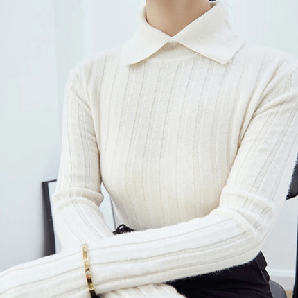 New Polo Collar Women's Knitted Sweater Long Sleeve Slim Fit Pullovers for Women Autumn Winter Sweaters Soft Warm Bottoming Tops