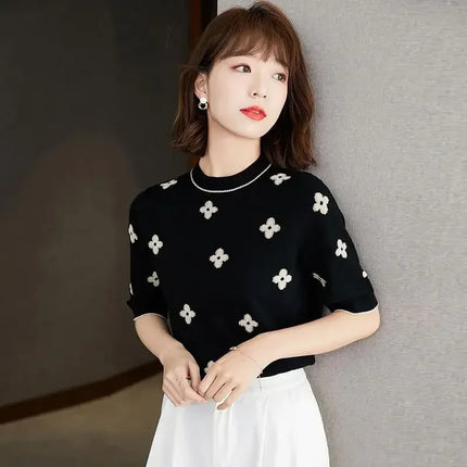 2025 Casual Thin Knitted T-Shirt Summer Short Sleeve Tops Elegant Woman Clothes Embroidery Flower Fashion Tee Shirt Femme New