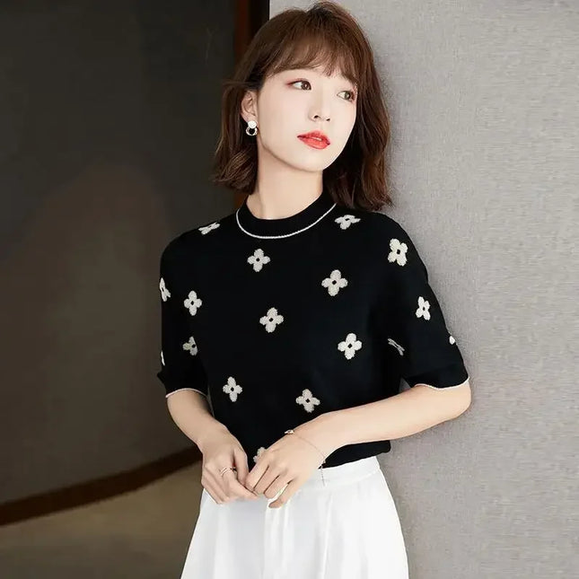 2025 Casual Thin Knitted T-Shirt Summer Short Sleeve Tops Elegant Woman Clothes Embroidery Flower Fashion Tee Shirt Femme New