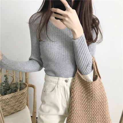 Korean Autumn V Neck Sweater Knitted Fashion Sweaters 2025 Slim Winter Tops For Women Pullover Jumper Pull Femme Truien Dames