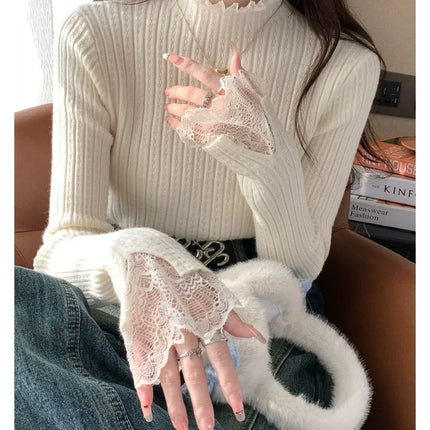 Autumn Winter Female Long Sleeve Knit Patctwork Lace Sweater Turtleneck Skinny Elastic Knitted Pullovers Women Solid Color Tops