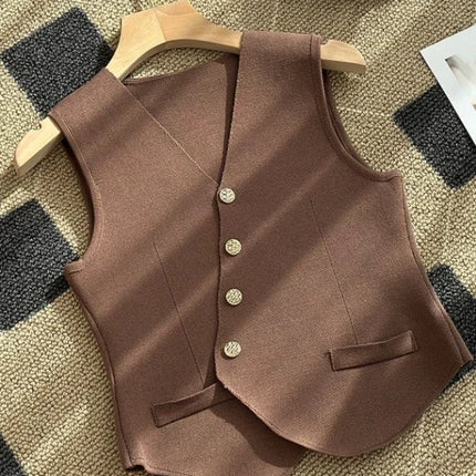 New Summer Women Knitted V-Neck Sleeveless Slim Vest 2025 Female Fashion Solid Single Breasted Tank Tops