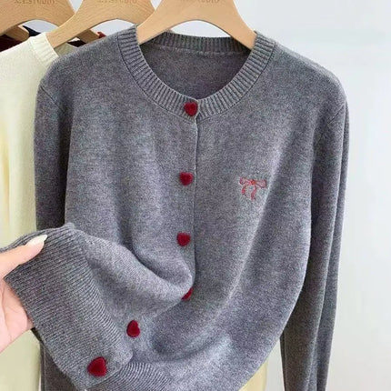 2025 Korean Casual Solid Knitting Tops Women Knitted Cardigan Bow Embroidery O-Neck Single Breasted Heart-shaped Button Sweater