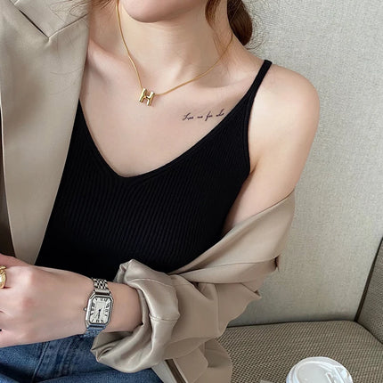 Korea Summer Tops New Solid V-Neck Elastic Knitted Suspender Camis Women's Tanks Clothing Basics Shirt