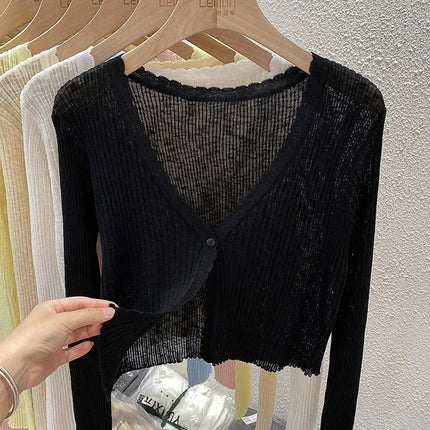 Summer Short Ice Silk Knitted Sun Protection Cardigan Women's Thin Suspender Skirt Layered Gauze Jacket Air-conditioned Cover Up