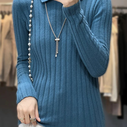 New Polo Collar Women's Knitted Sweater Long Sleeve Slim Fit Pullovers for Women Autumn Winter Sweaters Soft Warm Bottoming Tops