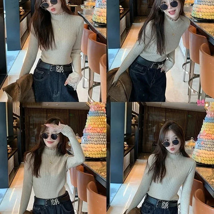Autumn Winter Female Long Sleeve Knit Patctwork Lace Sweater Turtleneck Skinny Elastic Knitted Pullovers Women Solid Color Tops