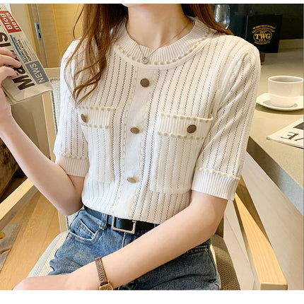 White Tshirt Women Summer 2024 Short Sleeve Top Ladies Pockets Basic T Shirts Knitted Casual Clothes Tee Shirt Femme