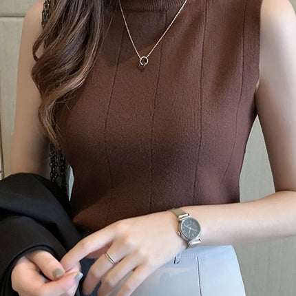 Knitted Summer Turtleneck Tank Tops Women Camisole Sleeveless Slim Top Female Ribbed Vest Casual Solid Camis
