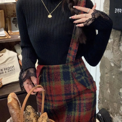 Autumn Winter Female Long Sleeve Knit Patctwork Lace Sweater Turtleneck Skinny Elastic Knitted Pullovers Women Solid Color Tops