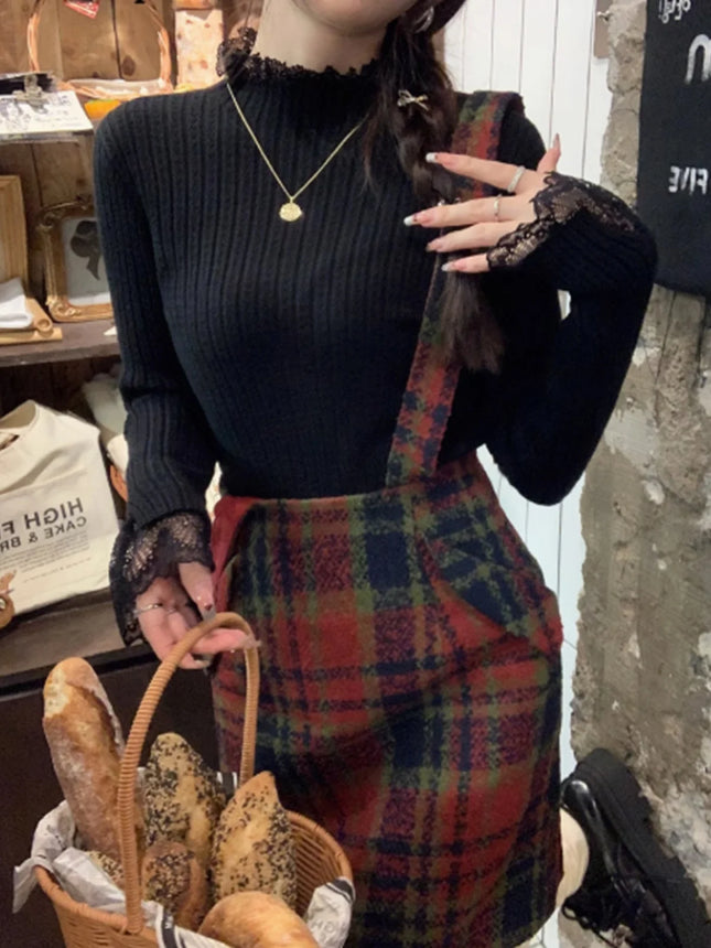 Autumn Winter Female Long Sleeve Knit Patctwork Lace Sweater Turtleneck Skinny Elastic Knitted Pullovers Women Solid Color Tops