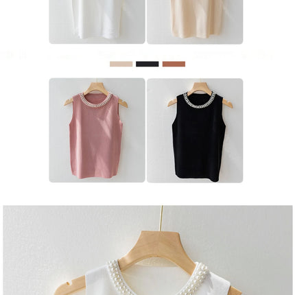 Korea Knitted Vests Women Top Solid Tank Blusas Mujer De Moda Summer New Fashion Female Sleeveless Beading Casual Thin Tops