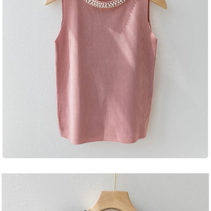 Korea Knitted Vests Women Top Solid Tank Blusas Mujer De Moda Summer New Fashion Female Sleeveless Beading Casual Thin Tops