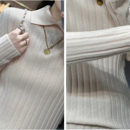 New Polo Collar Women's Knitted Sweater Long Sleeve Slim Fit Pullovers for Women Autumn Winter Sweaters Soft Warm Bottoming Tops